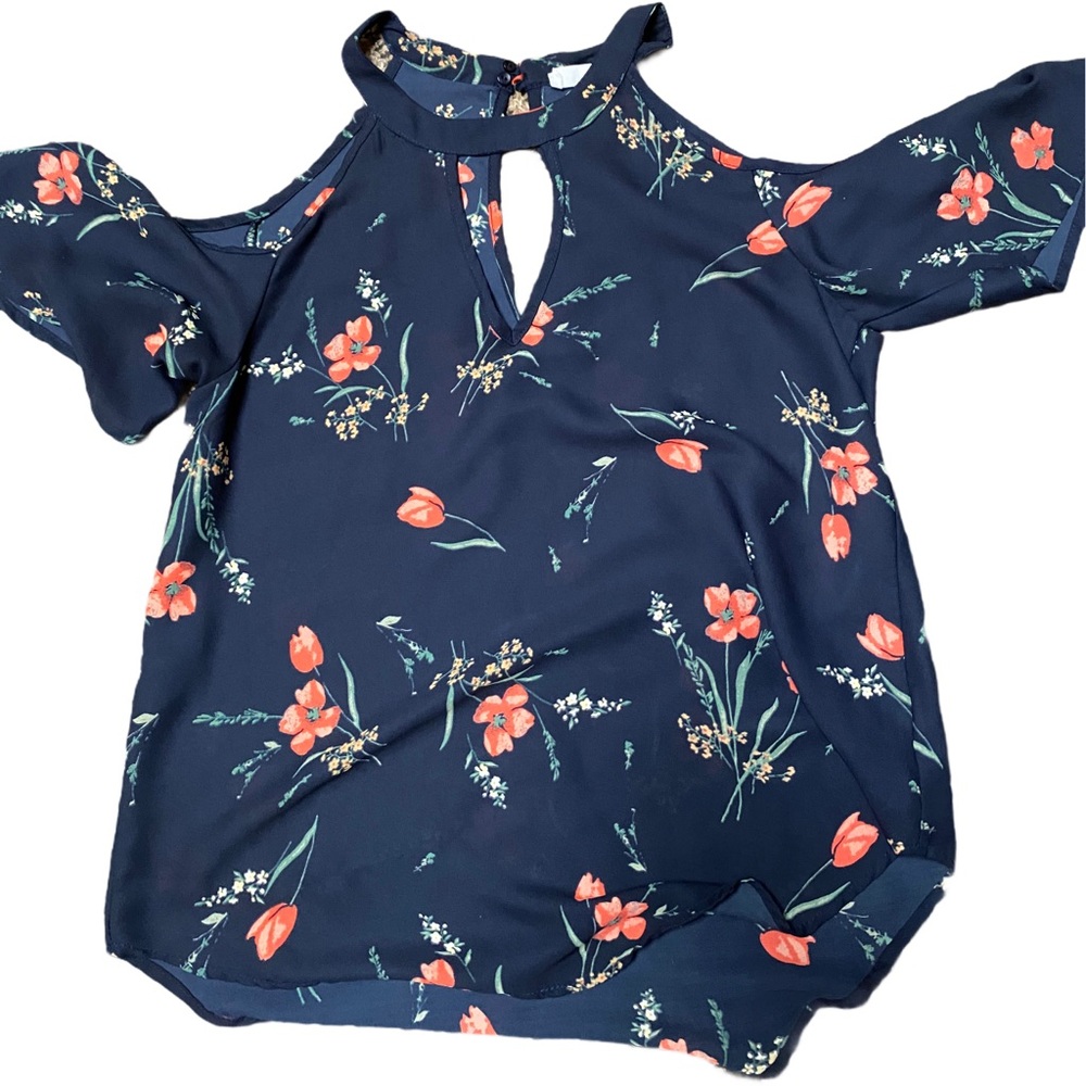 Sienna Sky Shoulderless Navy Floral Shirt Small